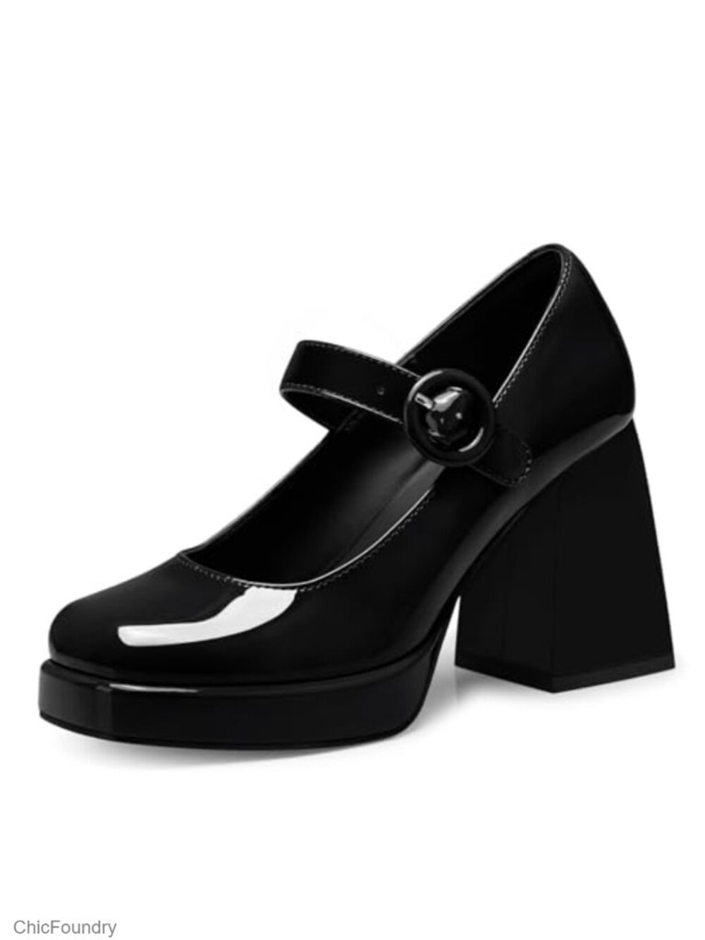 Women's Mary Jane Chunky Heel Pumps - Block Heel Faux Leather Pump with
